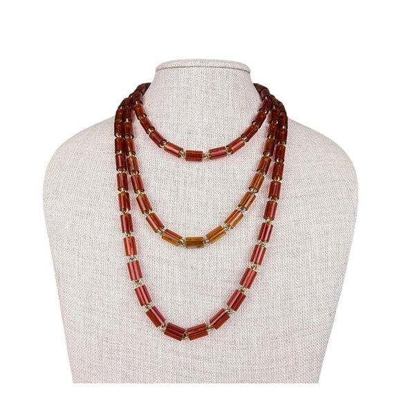 Les Bernard Womens Amber Plastic Bead Necklace Gold Tone Barrel Clasp Vintage - Picture 1 of 5